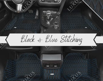Alfombrillas personalizadas negras con costuras azules, alfombrillas con diseño de doble diamante, juego completo de alfombrillas de cuero de lujo, decoración y accesorios para coche.