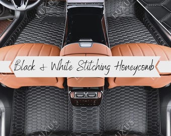 Alfombrillas negras con costuras blancas, alfombrillas de nido de abeja, alfombrillas personalizadas, juego completo de alfombrillas de cuero de lujo, decoración y accesorios para coche.
