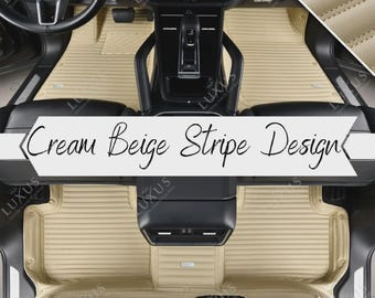Cream Beige Stripe Car Mats, Custom Car Floor Mats Full Set, Eco-Friendly Leather Car Mats, Car Decor, Car Accessories
