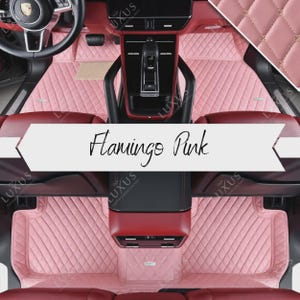 May include: Pink car floor mats with a diamond-quilted pattern. The mats are in a car interior with red accents and a steering wheel. The text "Flamingo Pink" is displayed on a white banner.