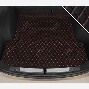Luxus Premium Diamond Custom Trunk Liner, Trunk Liner Mat, Car Trunk Mat, Leather Car Boot Mat, Car Decor - Black with Orange Stitching