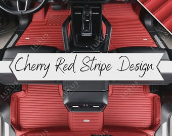 Cherry Red Stripe Car Mats, Custom Car Floor Mats Full Set, Eco-Friendly Leather Car Mats, Car Decor, Car Accessories