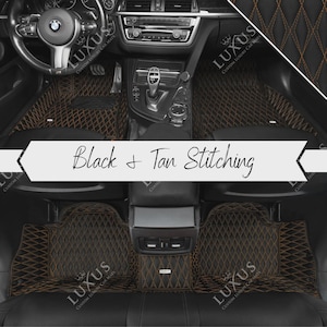 Black with Tan Stitching Custom Car Mats, Twin Diamond Design Car Floor Mats, Luxury Leather Car Mats Full Set, Car Decor, Car Accessories