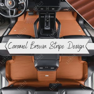 Caramel Brown Stripe Car Mats, Custom Car Floor Mats Full Set, Eco-Friendly Leather Car Mats, Car Decor, Car Accessories