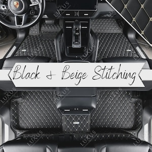 Black with Beige Stitching Custom Car Mats Set, Diamond Design Car Floor Mats, Luxury Leather Car Mats Full Set, Car Decor, Car Accessories