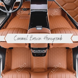 Caramel Brown Premium Car Mats, Honeycomb Car Floor Mats, Custom Car Mats, Luxury Leather Car Mats Full Set, Car Decor, Car Accessories