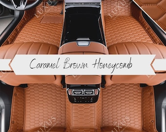 Caramel Brown Premium Car Mats, Honeycomb Car Floor Mats, Custom Car Mats, Luxury Leather Car Mats Full Set, Car Decor, Car Accessories