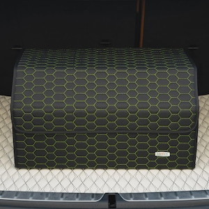 Luxus Car Trunk Organizer, Car Storage Solution, Car Trunk Storage for Travel, Car Accessory - Black with Lime Green Honeycomb Stitching
