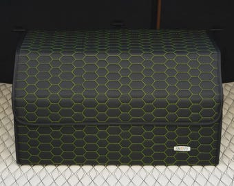 Luxus Car Trunk Organizer, Car Storage Solution, Car Trunk Storage for Travel, Car Accessory - Black with Lime Green Honeycomb Stitching