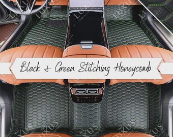Alfombrillas negras con costuras verdes, alfombrillas de nido de abeja, alfombrillas personalizadas, juego completo de alfombrillas de cuero de lujo, decoración y accesorios para coche.