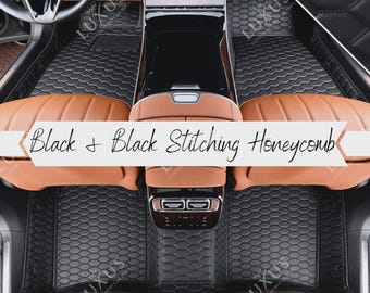 Alfombrillas negras con costuras negras, alfombrillas de nido de abeja, alfombrillas personalizadas, juego completo de alfombrillas de cuero de lujo, decoración y accesorios para coche.