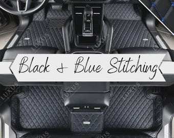 Juego de alfombrillas personalizadas negras con costuras azules, alfombrillas con diseño de diamante, juego completo de alfombrillas de cuero de lujo, decoración y accesorios para coche.
