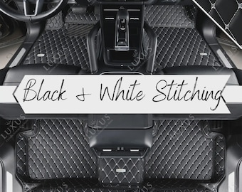Juego de alfombrillas personalizadas negras con costuras blancas, alfombrillas con diseño de diamante, juego completo de alfombrillas de cuero de lujo, decoración y accesorios para coche.