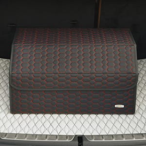 Luxus Car Trunk Organizer, Car Storage Solution, Car Trunk Storage for Travel, Travel Car Accessory - Black with Red Honeycomb Stitching