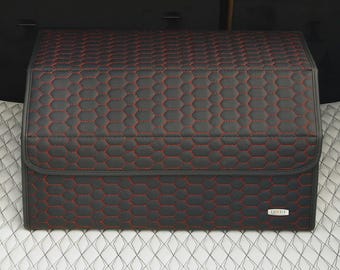 Luxus Car Trunk Organizer, Car Storage Solution, Car Trunk Storage for Travel, Travel Car Accessory - Black with Red Honeycomb Stitching
