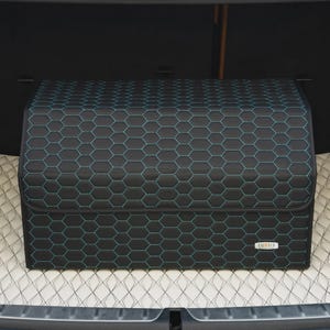 Luxus Car Trunk Organizer, Car Storage Solution, Car Trunk Storage for Travel, Travel Car Accessory - Black with Teal Honeycomb Stitching