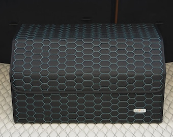 Luxus Car Trunk Organizer, Car Storage Solution, Car Trunk Storage for Travel, Travel Car Accessory - Black with Teal Honeycomb Stitching