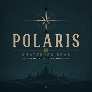 Könnte beinhalten: Digitales Kunstwerk mit dunkelblauem Hintergrund. Das Wort "POLARIS" in großen, antiken goldenen Buchstaben. Darunter steht der Text "SHATTERED SEAS - A MAGITECH OCEAN WORLD". Eine Windrose und eine Stadtsilhouette sind ebenfalls abgebildet.