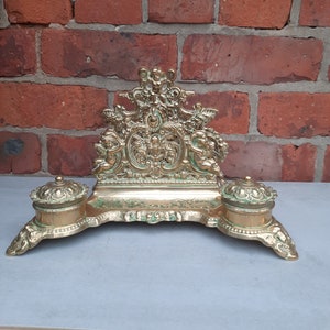 Large vintage brass letter rack desk top tidy cherub design