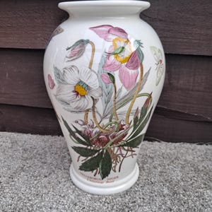 May include: White ceramic vase featuring botanical illustrations of pink and white flowers, green leaves, and the text "Helleborus Niger Christmas Rose". The vase has a rounded body and a slender neck, ideal for displaying flowers.