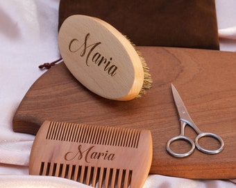 Kit de cuidado de barba de madera personalizado: cepillo, peine y tijeras