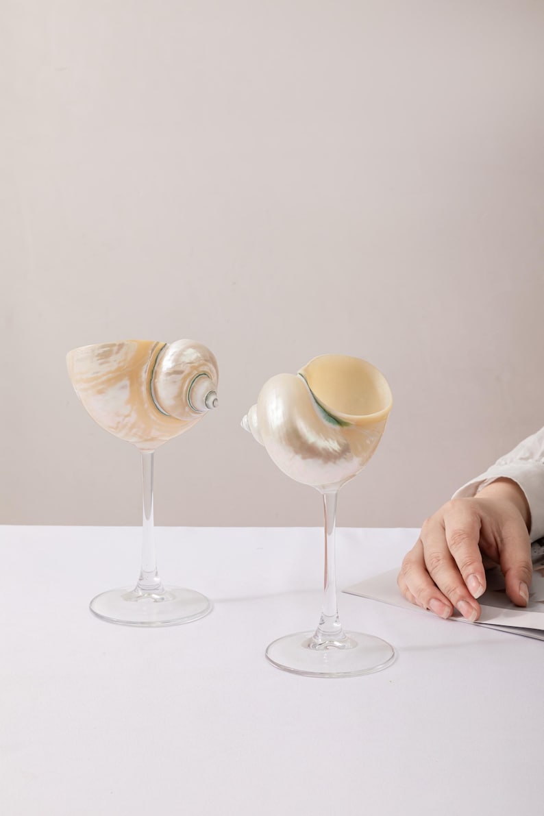 May include: Two decorative wine glasses, each with a seashell bowl and a clear stem. The shells display a pearlescent sheen with beige, white, and green hues. The glasses are on a white surface against a neutral backdrop.