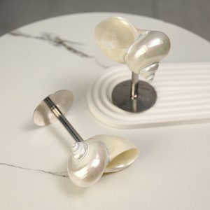 May include: Two decorative seashell sculptures. Each sculpture features a pearlescent nautilus shell mounted on a silver-coloured metal stem and base. One sculpture is upright, while the other is lying on its side. The shells have a natural, iridescent sheen.