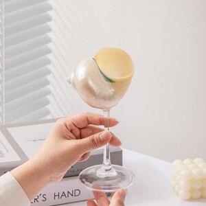 May include: A clear glass wine glass with a seashell-shaped bowl. The seashell is pearlescent white and yellow. The glass is held by a person's hands. The base of the glass is round.