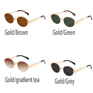 Puede incluir: Cuatro pares de gafas de sol ovaladas con monturas doradas. Las lentes son marrones, verdes, degradado de t&eacute; y grises.