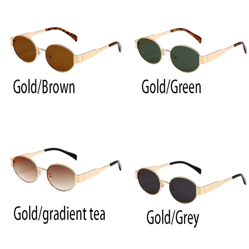 Puede incluir: Cuatro pares de gafas de sol ovaladas con monturas doradas. Las lentes son marrones, verdes, degradado de t&eacute; y grises.