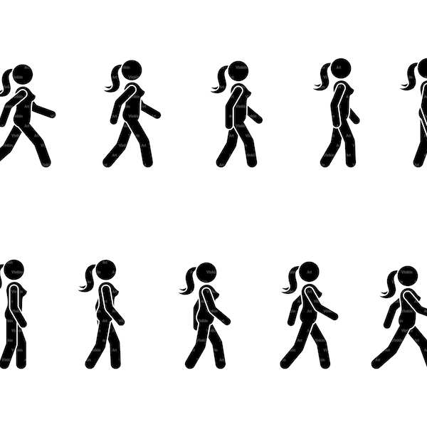 Walking Stick Figure Girl Woman Female Person People Move Step Walk Sequence Vector Pictogram Clip Art Files SVG PNG EPS Instant Download