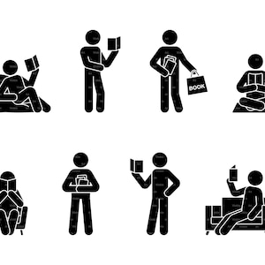Reading Book Stick Figure Man Person People Studying Learning Student Book Lover Home School Clipart Silhouette SVG PNG EPS Instant Download