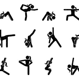 May include: A set of black and white stick figure illustrations depicting various yoga poses.