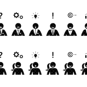 Stick Figure Man Woman Problem Solution Emoji Emoticon Face Mood Idea Success Icon Vector Silhouette Pictogram SVG PNG EPS Instant Download