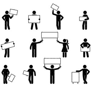 Stick Figure Man Persoon Mensen Houden Lege Banner Board Frame Leeg Aankondiging Protest Demonstratie Pictogram SVG PNG EPS Instant Download