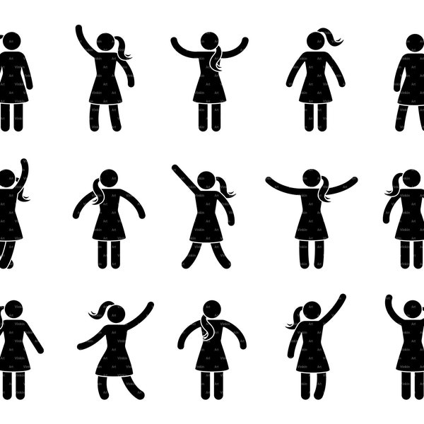 Basic Standing Poses Stick Figure Woman Female Lady Girl Person People Human Body Pictogram Clipart Icon Vector SVG PNG EPS Instant Download