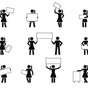 Stick Figure Woman Person People Holding Empty Banner Board Frame Blank Announcement Protest Demonstration Icon SVG PNG EPS Instant Download
