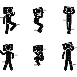 Stick Figure Man Sleeping Poses Lie on Pillow Side Back View Sleeping Dreaming Person Healthy Deep Rest Relax SVG PNG EPS Instant Download