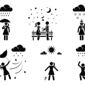 May include: Black and white stick figure illustrations depicting different seasons. The illustrations show a person with an umbrella in the rain, a couple sitting on a bench under a starry sky, a person in a winter coat with snowflakes falling, a person with an umbrella in the rain with leaves blowing in the wind, a person standing in the sun, and a person jumping in the rain.