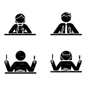 Eating Stick Figure Man Woman Person People Breakfast Lunch Dinner Hungry Male Female Eat Fork Knife Pictogram Silhouette SVG PNG EPS Icon
