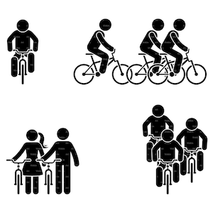 以下が含まれることがあります： 自転車に乗っている人の黒と白の棒人間イラスト。個人とグループが自転車に乗っている様子が4つの異なるシーンで描かれています。