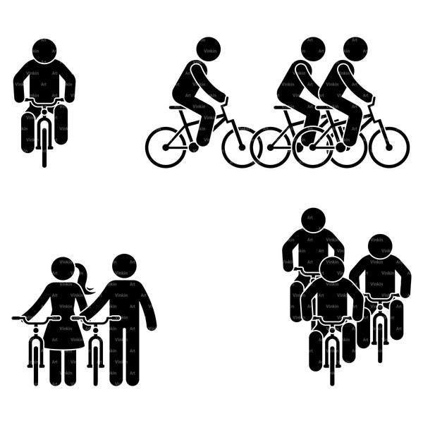 Bike Bicycle Clip Art Stick Figure Man Woman Person People Ride Race Front View Cyclist Group Team Pictogram SVG PNG EPS Instant Download