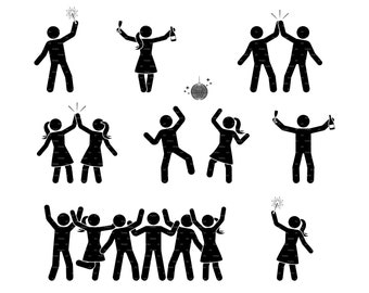 Club Birthday Party Dancing Stick Figure Man Woman Happy People Male Female Have Fun Celebrate Celebrating Silhouette Pictogram SVG PNG EPS
