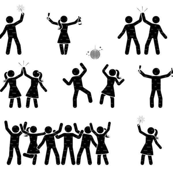 Club Birthday Party Dancing Stick Figure Man Woman Happy People Male Female Have Fun Celebrate Celebrating Silhouette Pictogram SVG PNG EPS