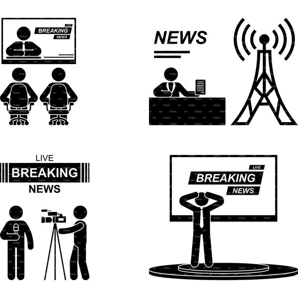Breaking News Tv Studio Stick Figure Man Person Pictogram Journalist Reporter Video Camera Television Tower Watching Media SVG PNG EPS Set