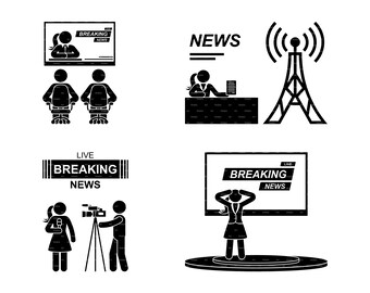 Breaking News Tv Studio Stick Figure Woman Man Pictogram Journalist Report Reporter Video Camera Television Tower Watching Media SVG PNG EPS