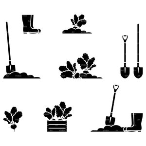 Puede incluir: Ilustración en blanco y negro de herramientas de jardinería y plantas. La imagen incluye una pala, botas y una planta en una caja de madera.