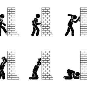 Stressed Stick Figure Man Hitting Brick Wall Beating Angry Man on Knees Hopeless Barrier Person Human Pictogram SVG PNG EPS Instant Download