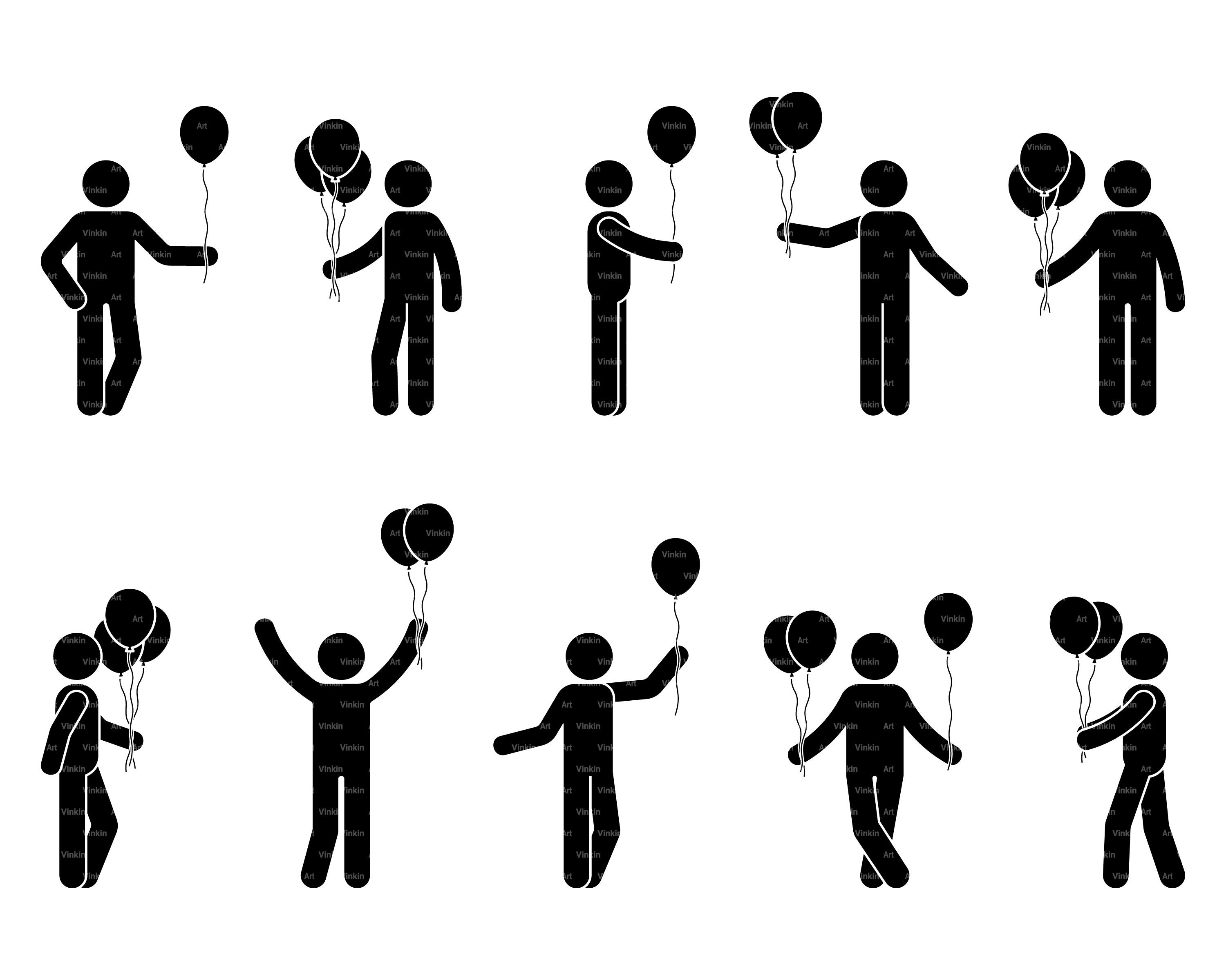 Balloon Clip Art Stick Figure Man Holding Air Balloon Silhouette Birthday Party Celebration Happy Fun Joy Decoration Vector SVG PNG EPS Icon