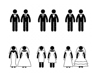 Gay Bruiloft Bruidegom Lgbt Stick Figuur Man Vrouw Paar Huwelijksjurk Pasgetrouwden Liefde Familie Icoon Vector Set SVG PNG EPS Instant Download
